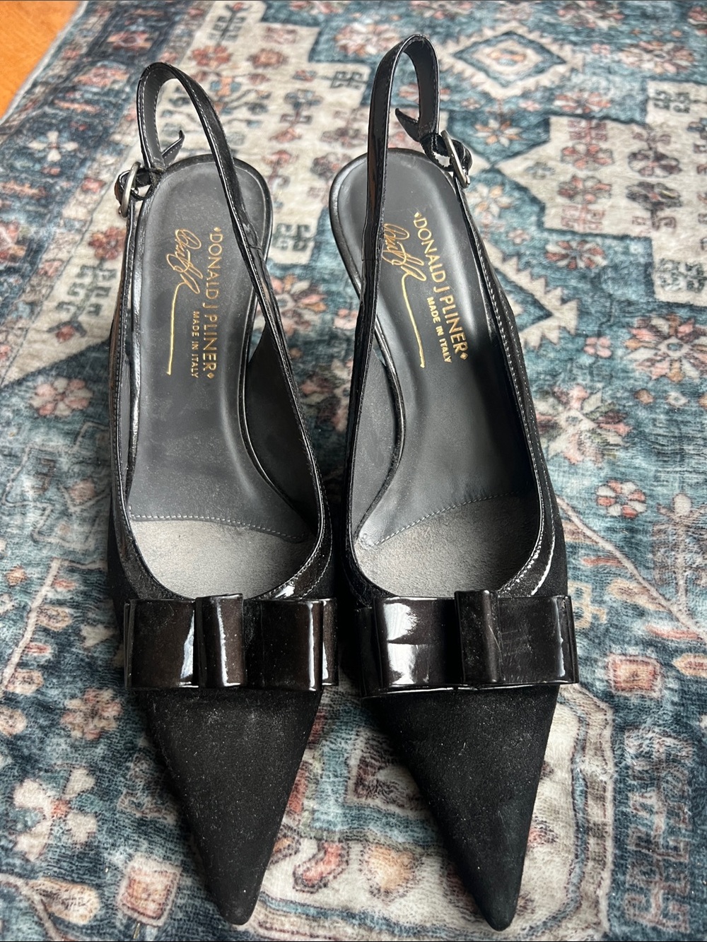 Donald J. Pliner Black Pointed Slingback Pumps with Patent Bow